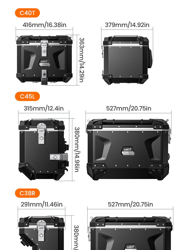 LOBOO CONQUEROR Kufer centralny srebrny 40L, aluminium, 2 zamki, wodoodporny, wewnętrzna siatka/paski mocujące bagaż