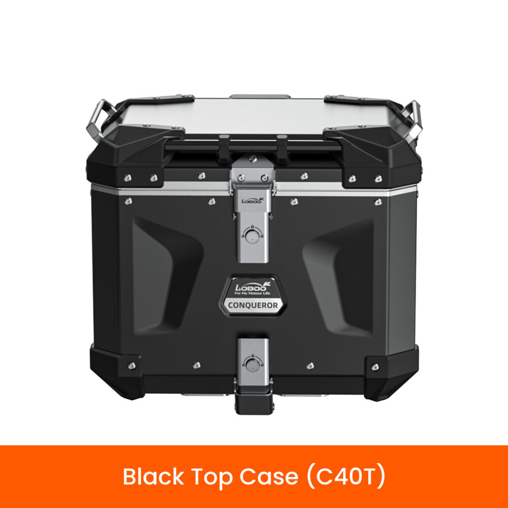 LOBOO CONQUEROR Kufer centralny czarny 40L, aluminium, 2 zamki, wodoodporny, wewnętrzna siatka/paski mocujące bagaż