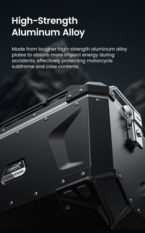 LOBOO CONQUEROR Kufer centralny czarny 40L, aluminium, 2 zamki, wodoodporny, wewnętrzna siatka/paski mocujące bagaż