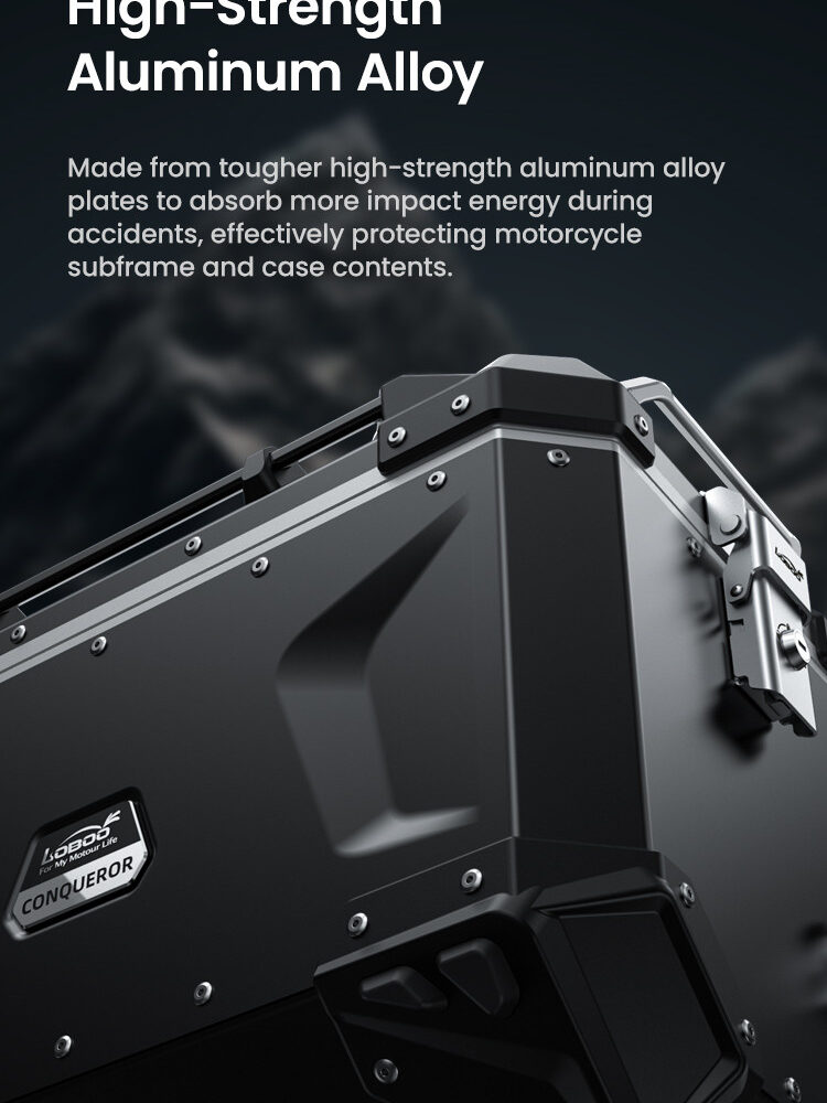 LOBOO CONQUEROR Kufer centralny czarny 40L, aluminium, 2 zamki, wodoodporny, wewnętrzna siatka/paski mocujące bagaż