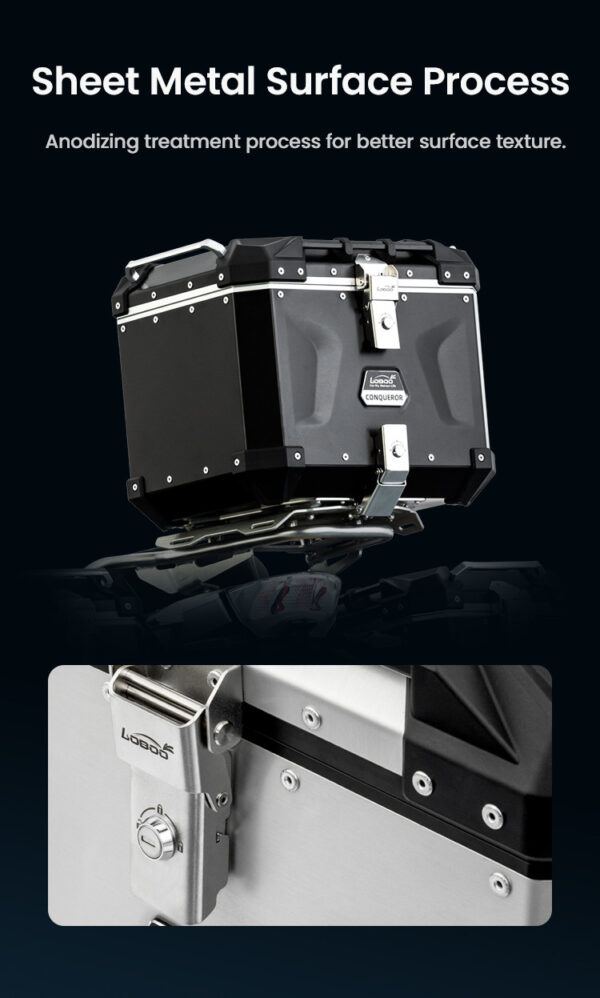 LOBOO CONQUEROR Kufer centralny czarny 40L, aluminium, 2 zamki, wodoodporny, wewnętrzna siatka/paski mocujące bagaż