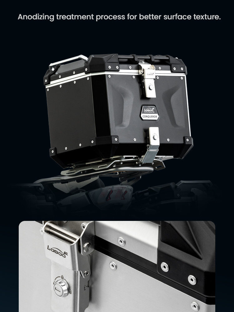 LOBOO CONQUEROR Kufer centralny czarny 40L, aluminium, 2 zamki, wodoodporny, wewnętrzna siatka/paski mocujące bagaż