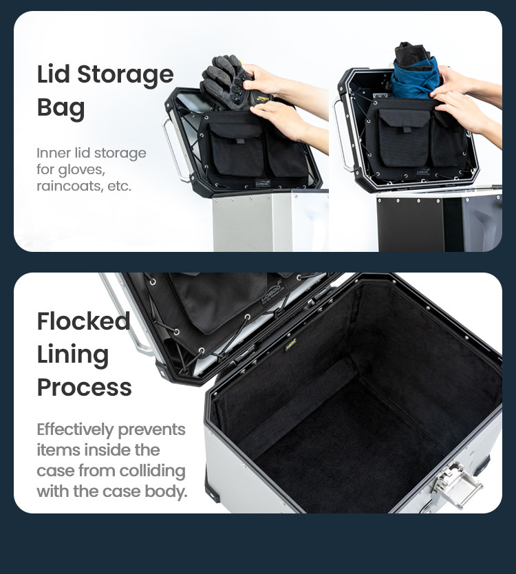 LOBOO CONQUEROR Kufer centralny czarny 40L, aluminium, 2 zamki, wodoodporny, wewnętrzna siatka/paski mocujące bagaż