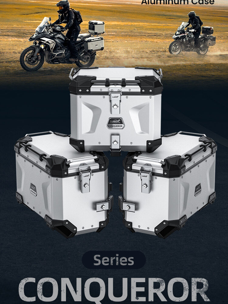 LOBOO CONQUEROR Kufer centralny czarny 40L, aluminium, 2 zamki, wodoodporny, wewnętrzna siatka/paski mocujące bagaż