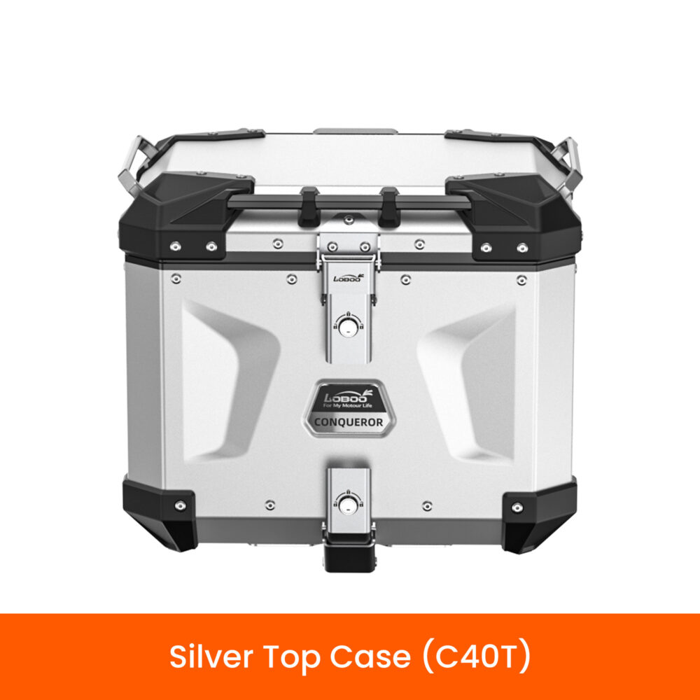 LOBOO CONQUEROR Kufer centralny srebrny 40L, aluminium, 2 zamki, wodoodporny, wewnętrzna siatka/paski mocujące bagaż