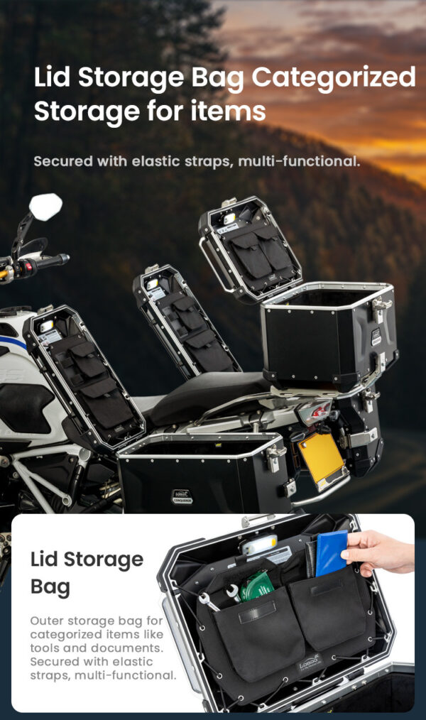 LOBOO CONQUEROR Kufer centralny srebrny 40L, aluminium, 2 zamki, wodoodporny, wewnętrzna siatka/paski mocujące bagaż