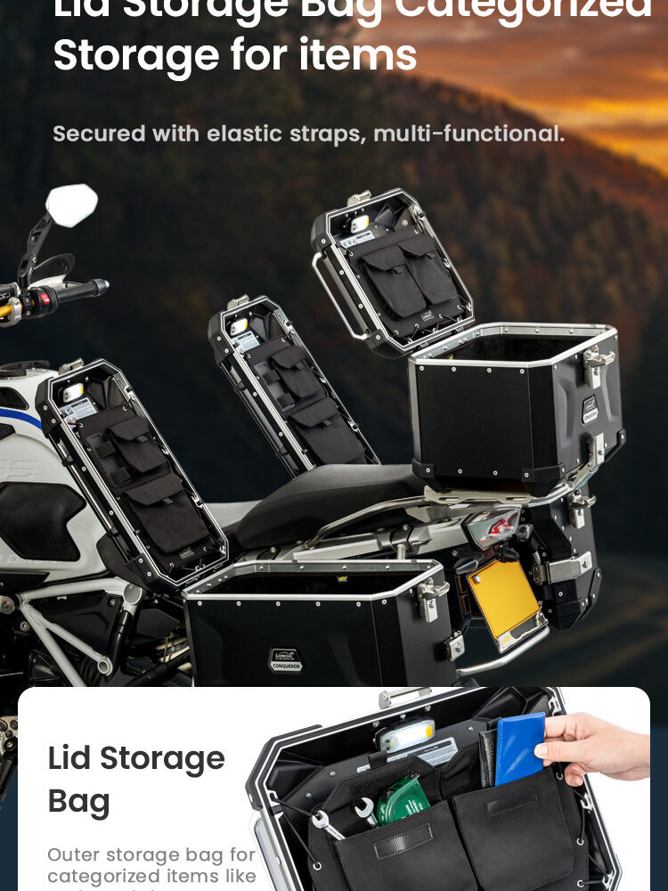 LOBOO CONQUEROR Kufer centralny srebrny 40L, aluminium, 2 zamki, wodoodporny, wewnętrzna siatka/paski mocujące bagaż