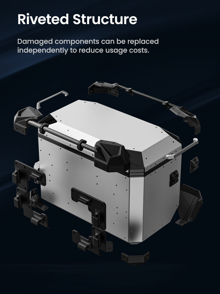 LOBOO CONQUEROR Kufer centralny srebrny 40L, aluminium, 2 zamki, wodoodporny, wewnętrzna siatka/paski mocujące bagaż