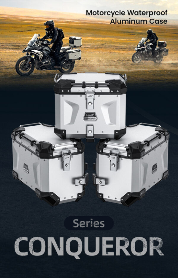 LOBOO CONQUEROR Kufer centralny srebrny 40L, aluminium, 2 zamki, wodoodporny, wewnętrzna siatka/paski mocujące bagaż