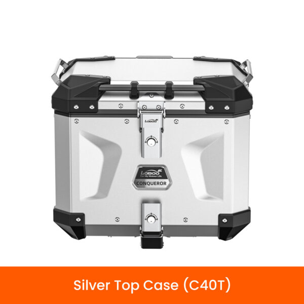 LOBOO CONQUEROR Kufer centralny srebrny 40L, aluminium, 2 zamki, wodoodporny, wewnętrzna siatka/paski mocujące bagaż