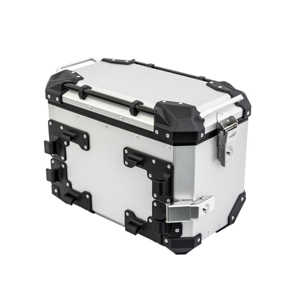 LOBOO CONQUEROR Kufry boczne czarne 45+38L, aluminium, 2 zamki, wodoodporne, wewnętrzna siatka/paski mocujące bagaż, 1 zestaw -