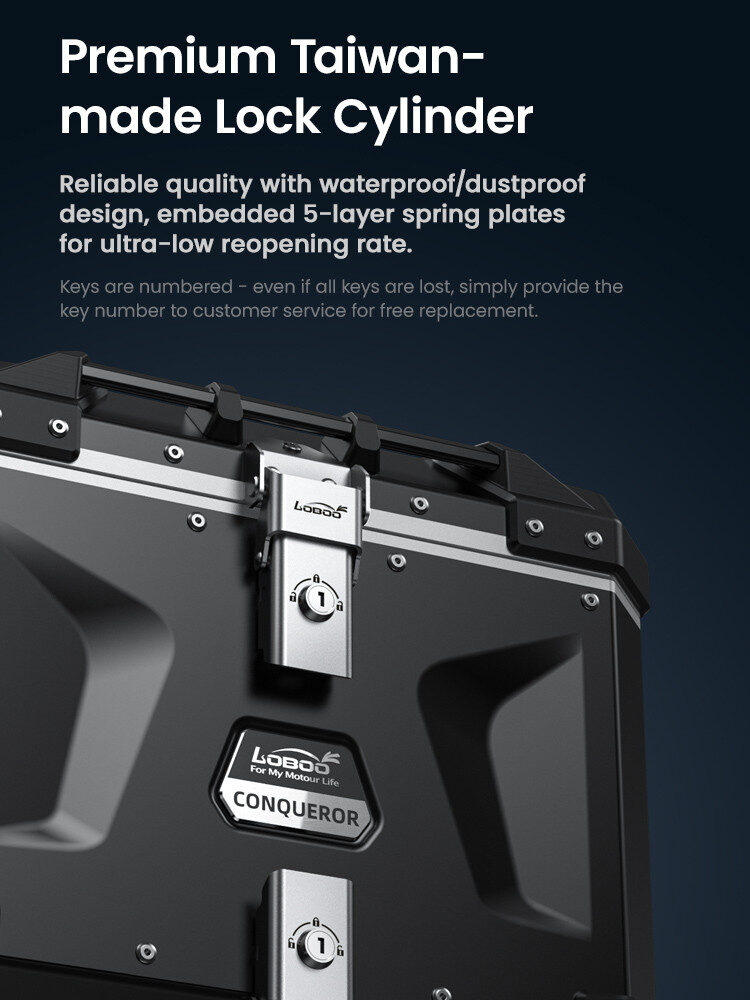 LOBOO CONQUEROR Kufry boczne czarne 45+38L, aluminium, 2 zamki, wodoodporne, wewnętrzna siatka/paski mocujące bagaż, 1 zestaw -