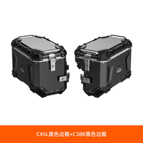 LOBOO CONQUEROR Kufry boczne czarne 45+38L, aluminium, 2 zamki, wodoodporne, wewnętrzna siatka/paski mocujące bagaż, 1 zestaw -