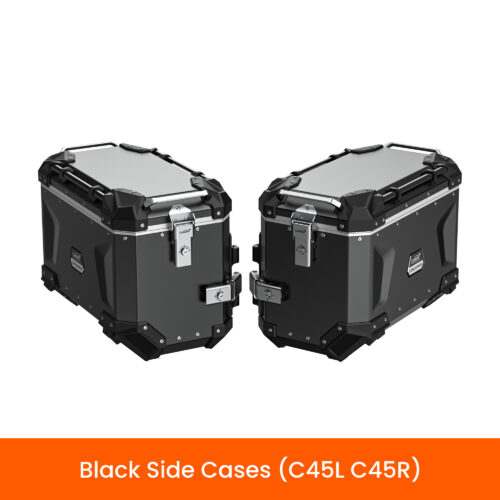 LOBOO CONQUEROR Kufry boczne czarne 45+45L, aluminium, 2 zamki, wodoodporne, wewnętrzna siatka/paski mocujące bagaż, 1 zestaw -