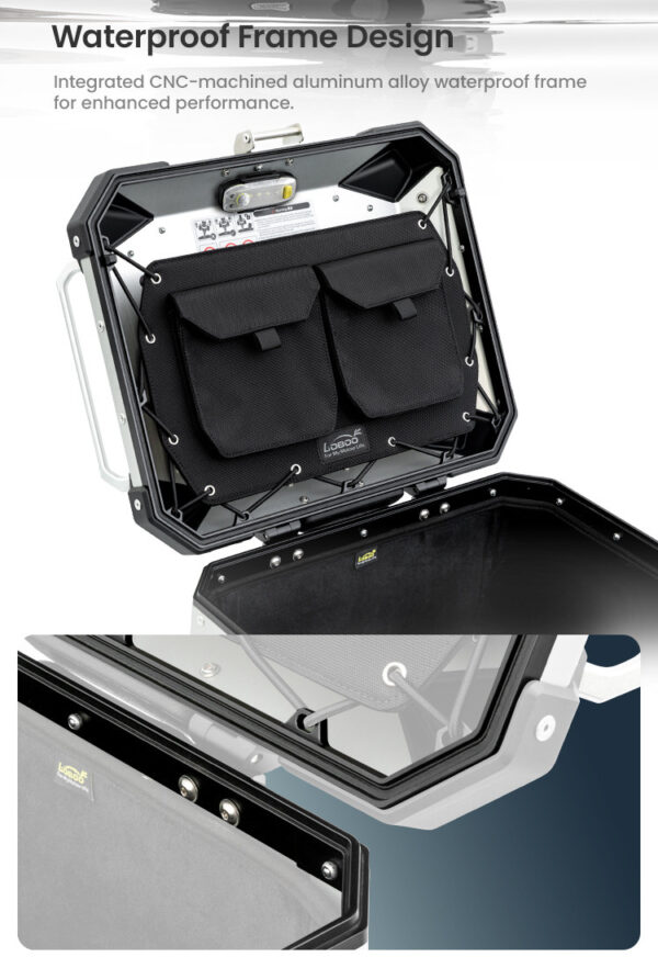 LOBOO CONQUEROR Kufry boczne srebrne 45+38L, aluminium, 2 zamki, wodoodporne, wewnętrzna siatka/paski mocujące bagaż, 1 zestaw -