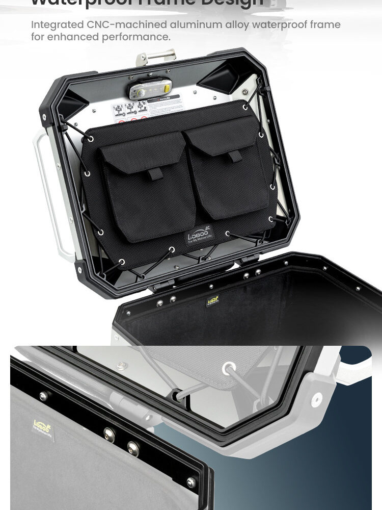 LOBOO CONQUEROR Kufry boczne srebrne 45+38L, aluminium, 2 zamki, wodoodporne, wewnętrzna siatka/paski mocujące bagaż, 1 zestaw -