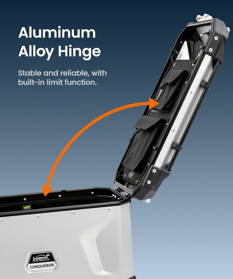 LOBOO CONQUEROR Kufry boczne srebrne 45+38L, aluminium, 2 zamki, wodoodporne, wewnętrzna siatka/paski mocujące bagaż, 1 zestaw -