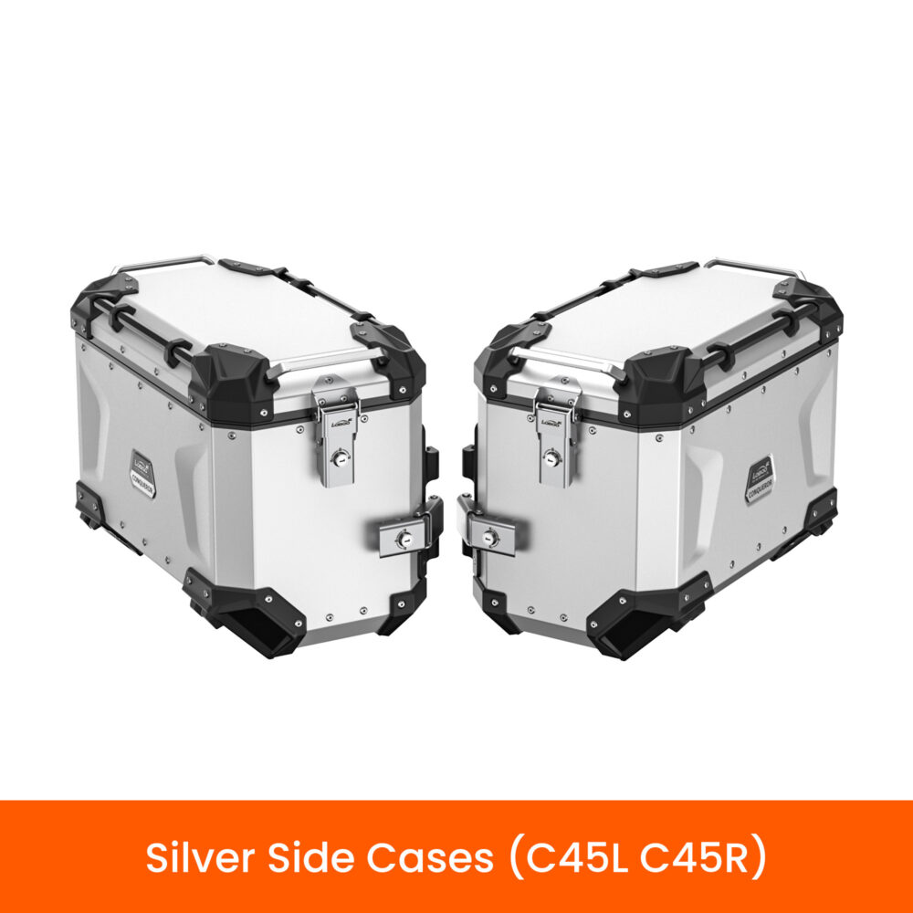 LOBOO CONQUEROR Kufry boczne srebrne 45+45L, aluminium, 2 zamki, wodoodporne, wewnętrzna siatka/paski mocujące bagaż, 1 zestaw -