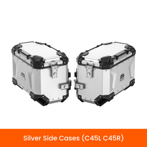 LOBOO CONQUEROR Kufry boczne srebrne 45+45L, aluminium, 2 zamki, wodoodporne, wewnętrzna siatka/paski mocujące bagaż, 1 zestaw -