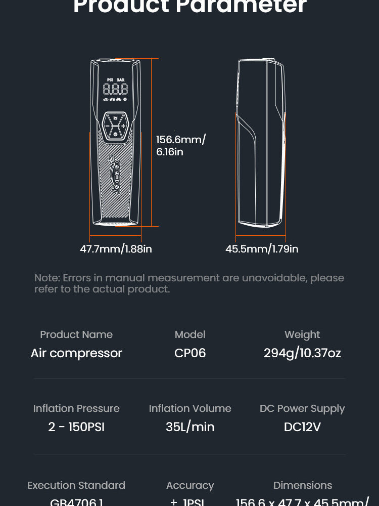LOBOO Kompresor powietrza 35L/min, 5 trybów pracy, 2-150 PSI