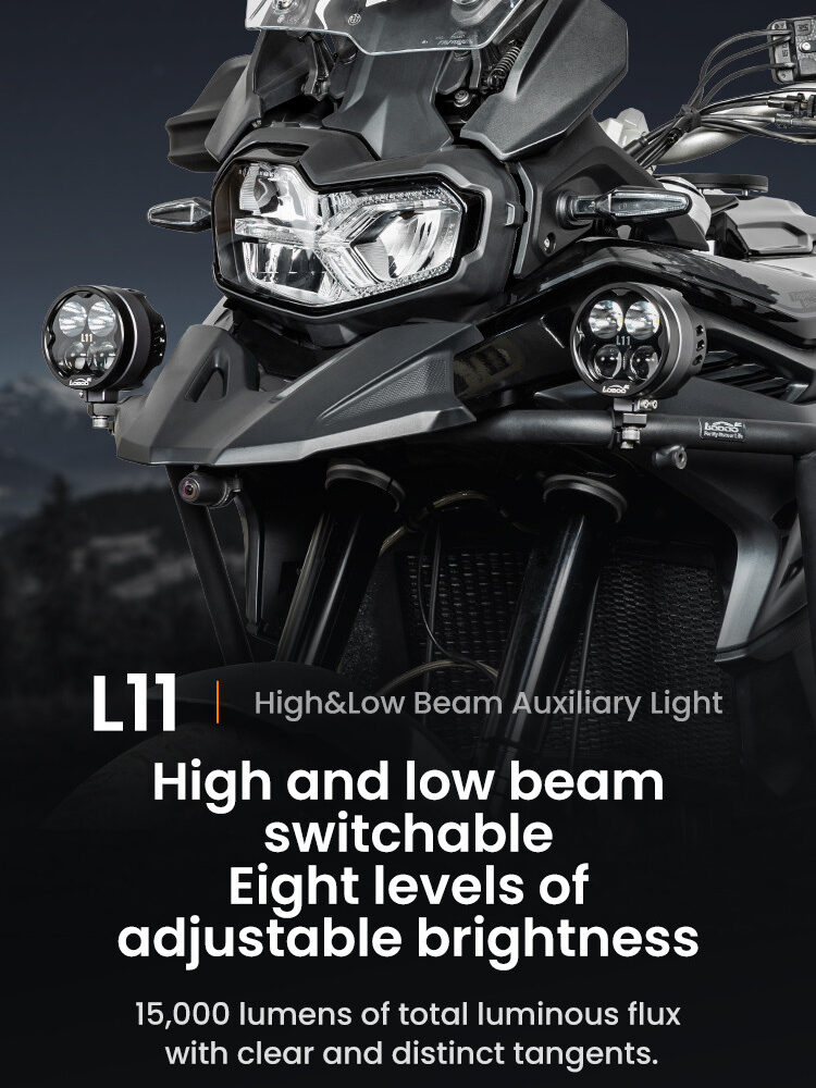 LOBOO L11 światła drogowe i mijania pomocnicze 15 000 Lumenów, 8-stopniowa skala świecenia, homologacja, czarne, zaestaw