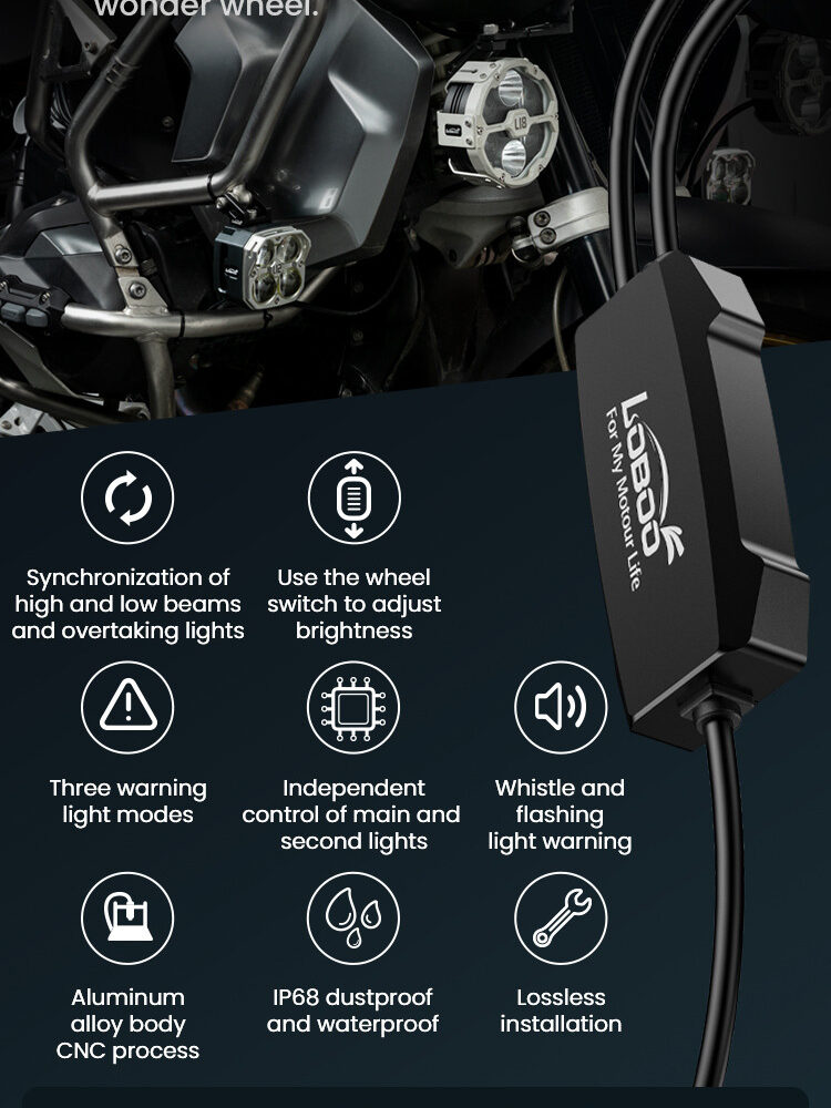 LOBOO L11 światła drogowe i mijania pomocnicze 15 000 Lumenów, 8-stopniowa skala świecenia, homologacja, czarne, zaestaw