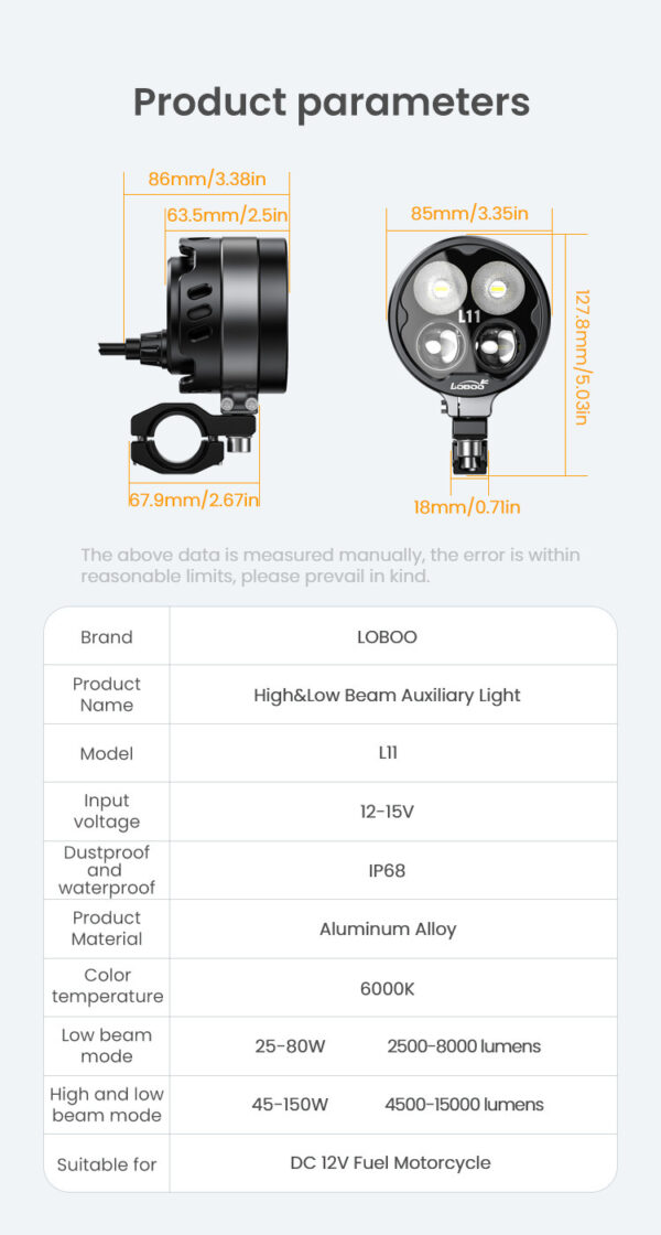 LOBOO L11 światła drogowe i mijania pomocnicze 15 000 Lumenów, 8-stopniowa skala świecenia, homologacja, czarne, zaestaw