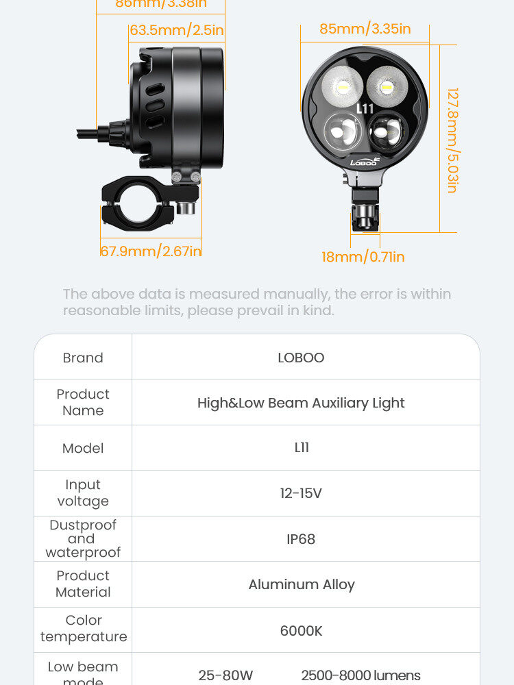 LOBOO L11 światła drogowe i mijania pomocnicze 15 000 Lumenów, 8-stopniowa skala świecenia, homologacja, czarne, zaestaw