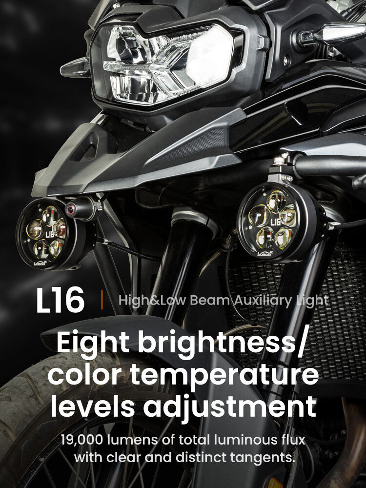 LOBOO L16 światła drogowe i mijania pomocnicze, 19 000 Lumenów, 8-stopniowa skala świecenia, homologacja, czarne, zestaw