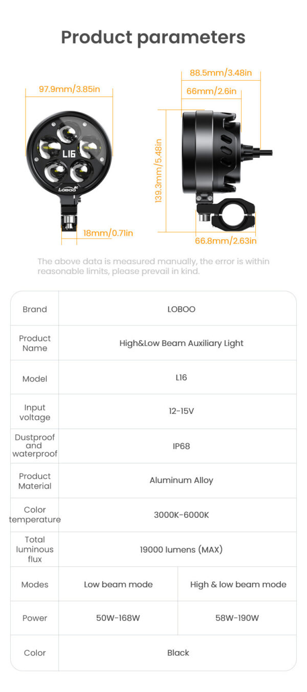 loboo-l16-swiatlo-drogowe-i-mijania-pomocnicze-czarne LOBOO L16 lampy LED drogowe i mijania pomocnicze, 19 000 Lumenów, 8-stopniowa skala świecenia, homologacja, czarne, zestaw