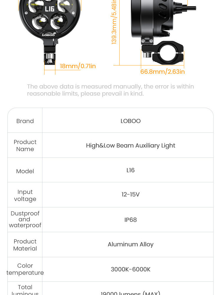 LOBOO L16 światła drogowe i mijania pomocnicze, 19 000 Lumenów, 8-stopniowa skala świecenia, homologacja, czarne, zestaw