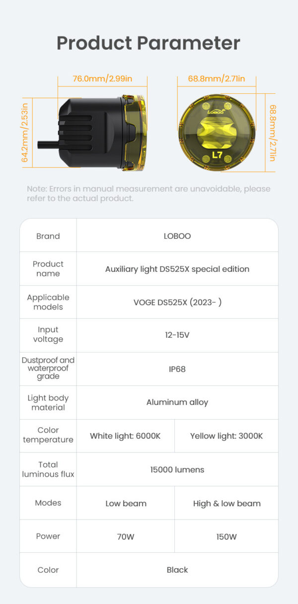 LOBOO L7 światła drogowe i mijania pomocnicze tylko dla VOGE DS525X, 15 000 Lumenów, 8-stopniowa skala świecenia, homologacja, z