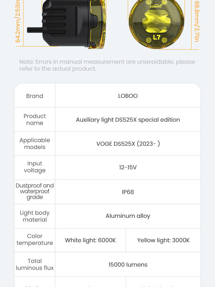 LOBOO L7 światła drogowe i mijania pomocnicze tylko dla VOGE DS525X, 15 000 Lumenów, 8-stopniowa skala świecenia, homologacja, z