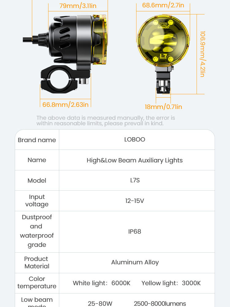 loboo-l7s-swiatlo-drogowe-i-mijania-pomocnicze-czarne LOBOO L7 lampy LED drogowe i mijania pomocnicze, 15 000 Lumenów, 8-stopniowa skala świecenia, homologacja, zestaw