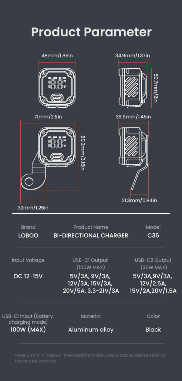 LOBOO Ładowarka dwukierunkowa (ładowanie, monitorowanie, regeneracja akumulatorów), wodoodporna, aluminiowy korpus
