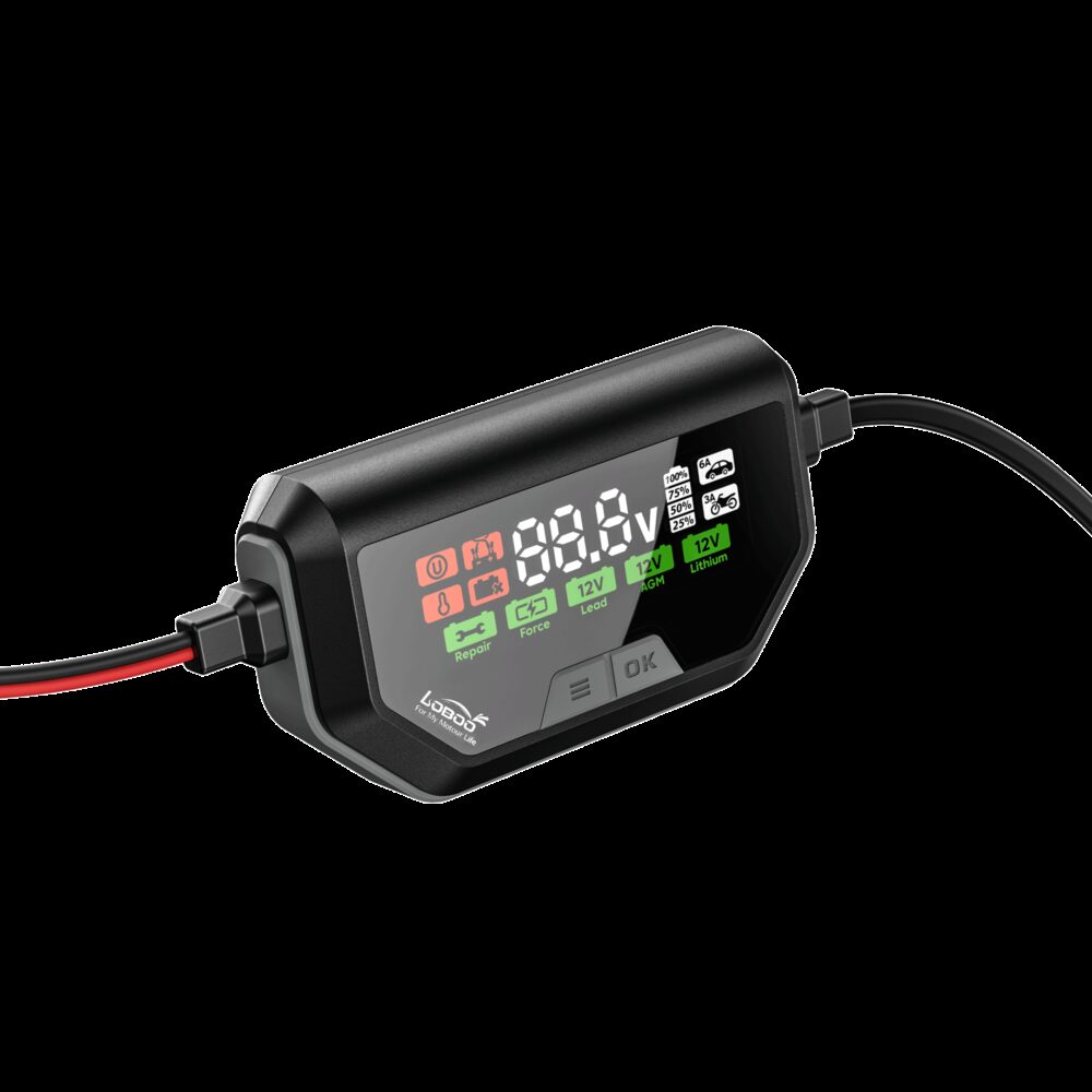 LOBOO Ładowarka motocyklowa z funkcją konserwacji 6A, do akumulatorów kwasowych, żelowych, litowych