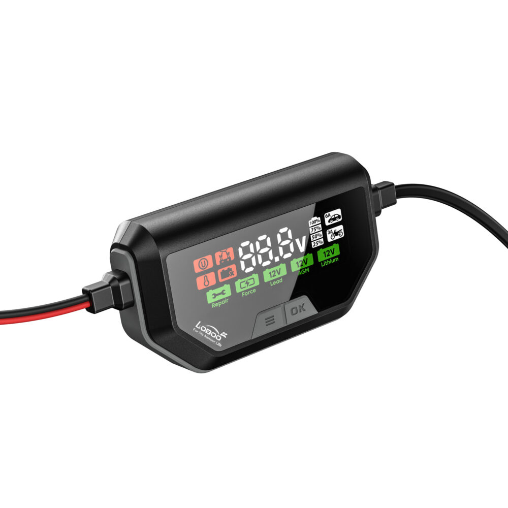 LOBOO Ładowarka motocyklowa z funkcją konserwacji 6A, do akumulatorów kwasowych, żelowych, litowych