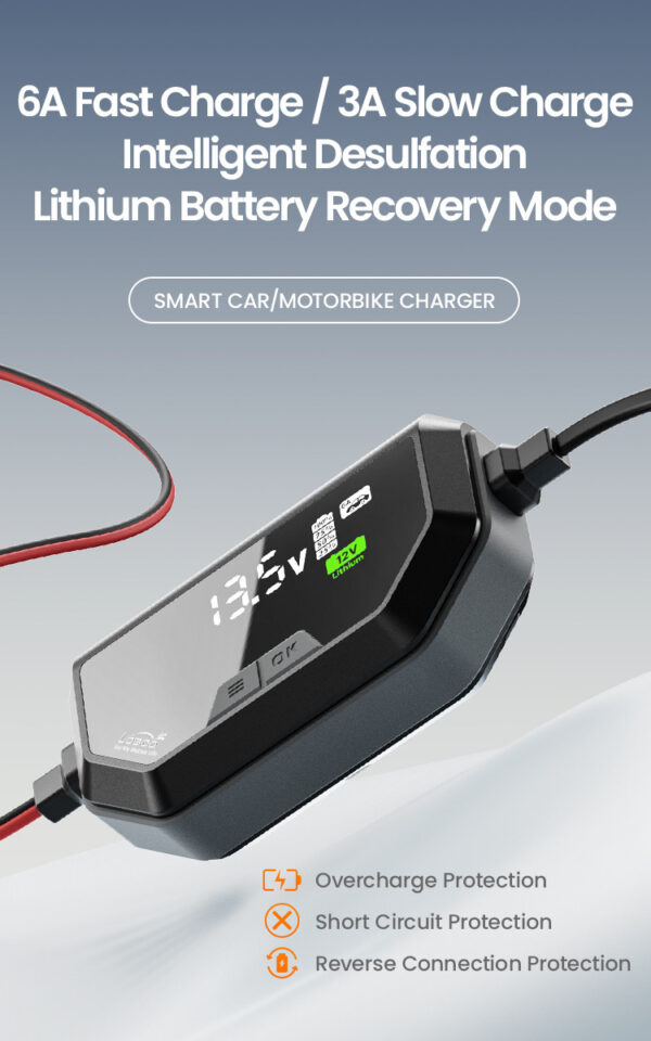 LOBOO Ładowarka motocyklowa z funkcją konserwacji 6A, do akumulatorów kwasowych, żelowych, litowych