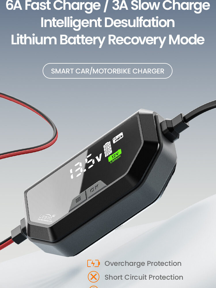 LOBOO Ładowarka motocyklowa z funkcją konserwacji 6A, do akumulatorów kwasowych, żelowych, litowych