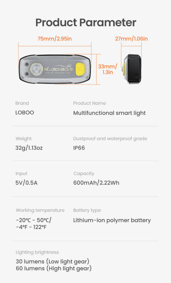 LOBOO Lampka sportowa z uchwytem na bagaż TIBET, wodoodporna IP66, czujnik ruchu