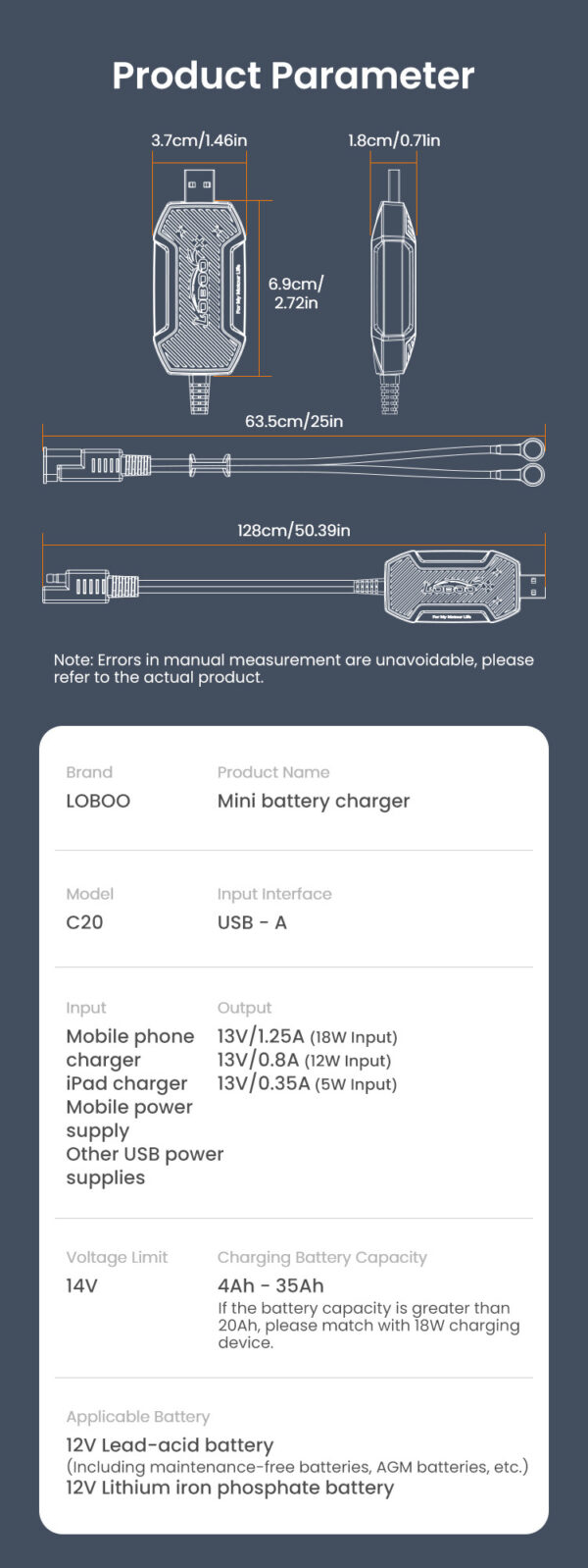 LOBOO Inteligenta Mini ładowarka do akumulatorów 12V (kwasowe, żelowe, litowe), USB
