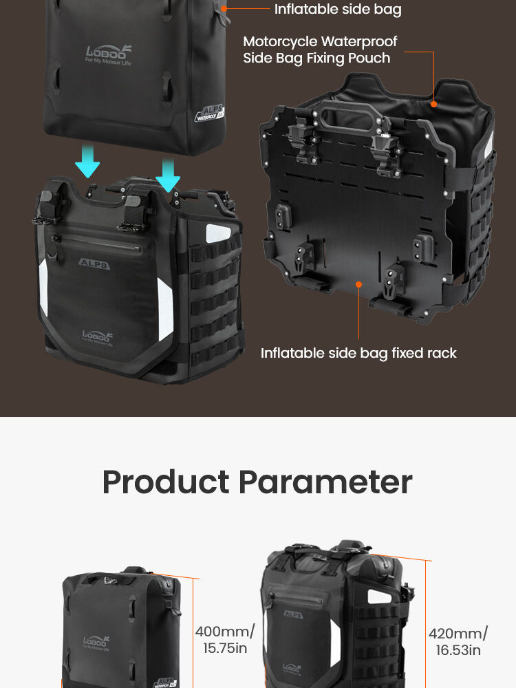 LOBOO Pompowane miękkie torby boczne na gmole, wodoodporne z aluminiowymi płytami montażowymi, seria ALPINE, 1 zestaw - 2 szt 23