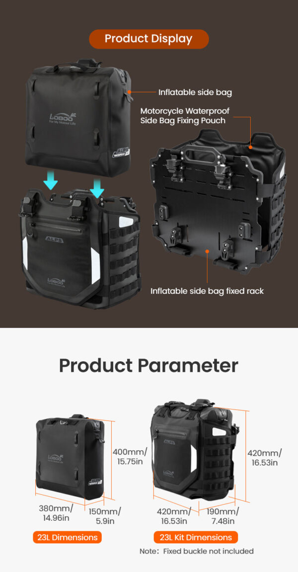 LOBOO Pompowane miękkie torby boczne na gmole, wodoodporne z aluminiowymi płytami montażowymi, seria ALPINE, czarne, 1 zestaw -