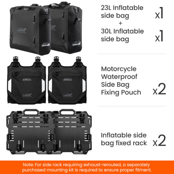 LOBOO Pompowane miękkie torby boczne na gmole, wodoodporne z aluminiowymi płytami montażowymi, seria ALPINE, czarne, 1 zestaw -