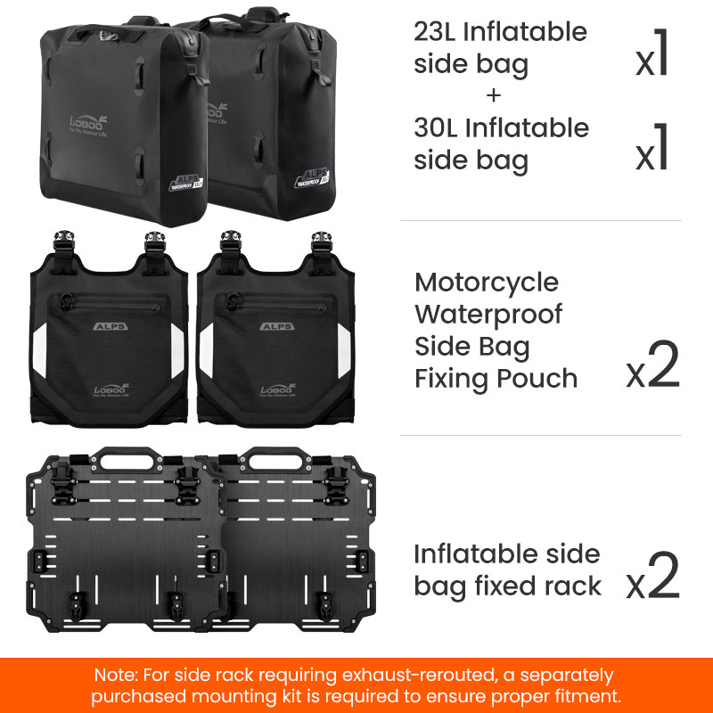 LOBOO Pompowane miękkie torby boczne na gmole, wodoodporne z aluminiowymi płytami montażowymi, seria ALPINE, czarne, 1 zestaw -