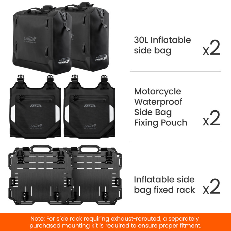 LOBOO Pompowane miękkie torby boczne na gmole, wodoodporne z aluminiowymi płytami montażowymi, seria ALPINE, czarne, 1 zestaw -