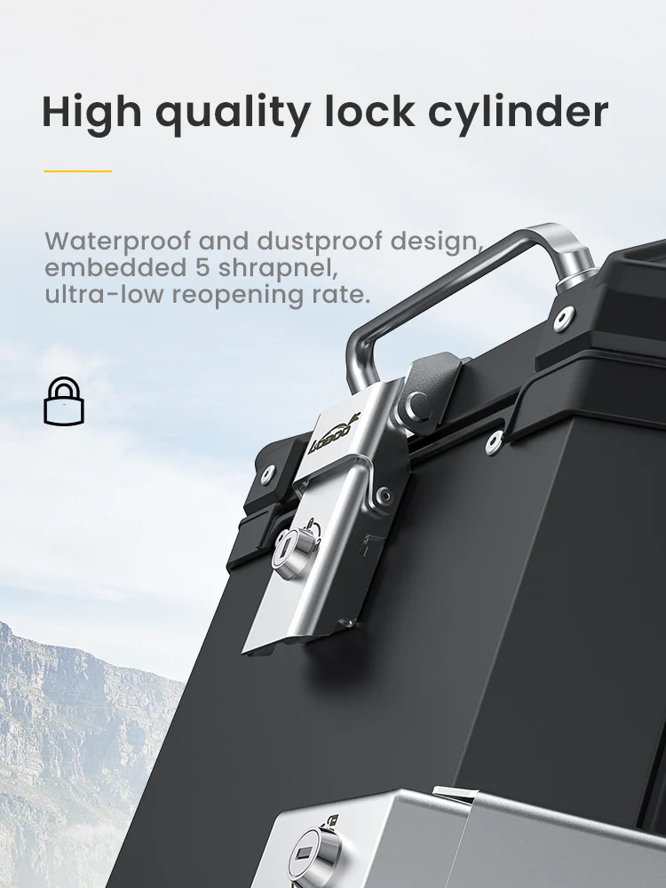 LOBOO PIKE Kufer centralny srebrny 45L, aluminium, 2 zamki, wodoodporne, wewnętrzna siatka/paski mocujące bagaż