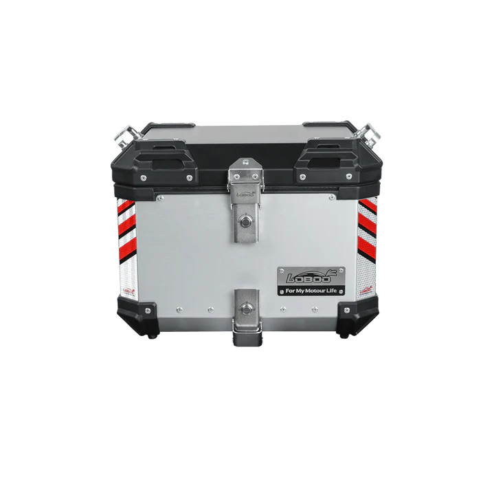 loboo-pike-kufer-centralny-srebrny-45l LOBOO PIKE Kufer centralny srebrny 45L, aluminium, 2 zamki, wodoodporne, wewnętrzna siatka/paski mocujące bagaż