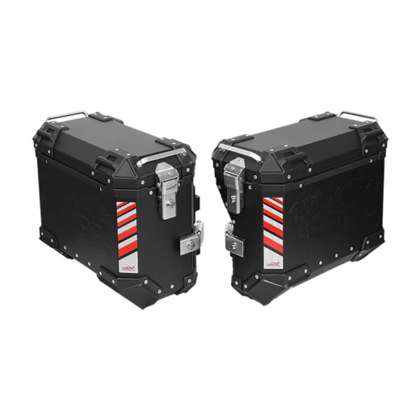 LOBOO PIKE Kufry boczne czarne 35+30L, aluminium, 2 zamki, wodoodporne, wewnętrzna siatka/paski mocujące bagaż, 1 komplet - 2 sz