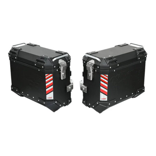 LOBOO PIKE Kufry boczne czarne 37+37L, aluminium, 2 zamki, wodoodporne, wewnętrzna siatka/paski mocujące bagaż, 1 komplet - 2 sz